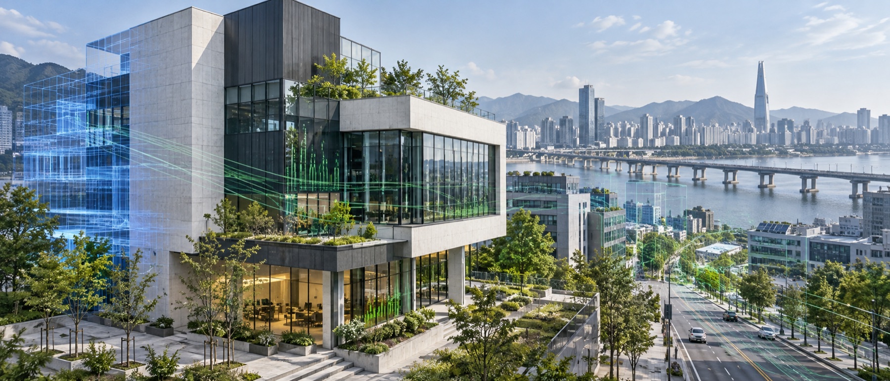 Concept visualization of a contemporary building with spatial and environmental data layers