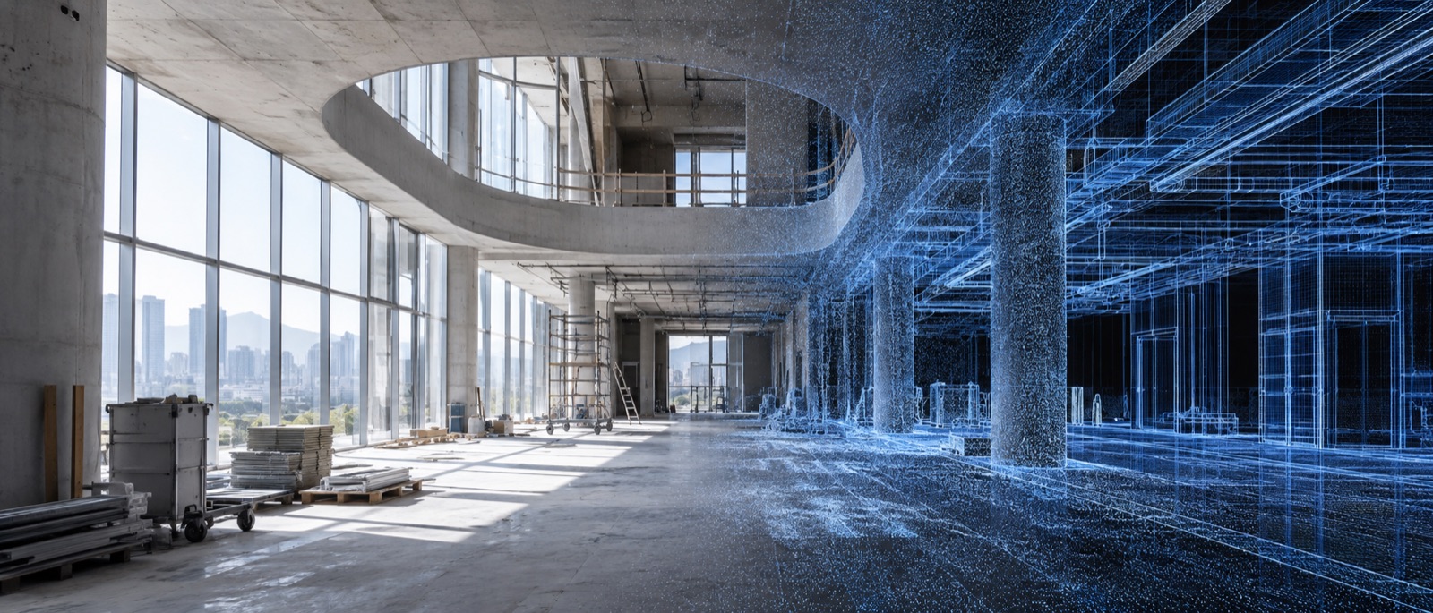 Concept visualization of a building scan and digital reconstruction